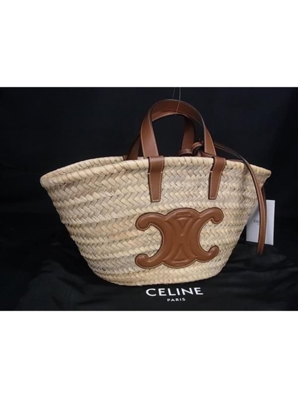 Celine Classic Panier Triomphe Raffia 2-Way Handbag Shoulder Light Beige